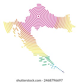 Abstract map of Croatia showing the area ot the country with concentric rings in rainbow colors like a shooting target.