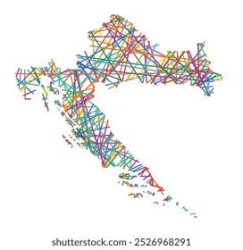 Abstract map of Croatia showing the country with random crossing colored lines like a spider web