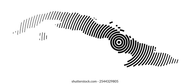 Abstract map of Cuba showing the country with concentric black tapering lines