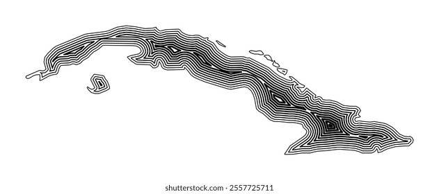 Abstract map of Cuba showing the country border buffered inside with black tapering lines