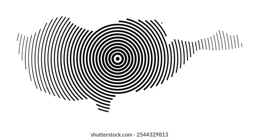 Abstract map of Cyprus showing the country with concentric black tapering lines