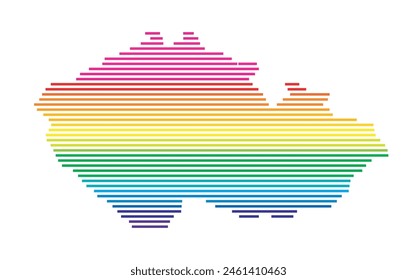 Abstract map of Czech Republic showing the area of the country with horizontal parallel lines in rainbow colors