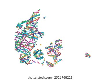 Abstract map of Denmark showing the country with random crossing colored lines like a spider web