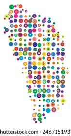 Abstract map of Dominica drawn with overlapping colored circles like sweets or candies