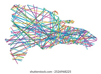 Abstract map of the Dominican Republic showing the country with random crossing colored lines like a spider web