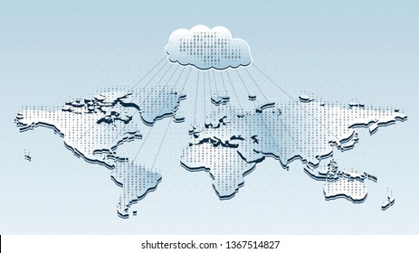 Abstract map earth created by binary code. Сloud storage server connections. Bytes of binary code, flying over the ground map. Binary code background.