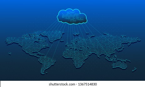 Abstract map earth created by binary code. Сloud storage server connections. Bytes of binary code, flying over the ground map. Binary code background.