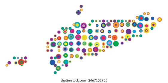 Abstract map of East Timor drawn with overlapping colored circles like sweets or candies