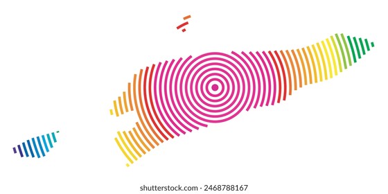 Abstract map of East Timor showing the area ot the country with concentric rings in rainbow colors like a shooting target.