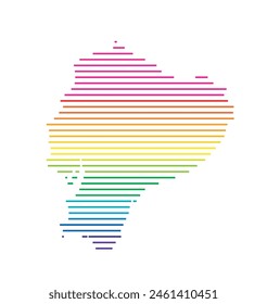 Abstract map of Ecuador showing the area of the country with horizontal parallel lines in rainbow colors