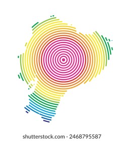 Abstract map of Ecuador showing the area ot the country with concentric rings in rainbow colors like a shooting target.
