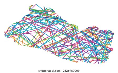 Abstract map of El Salvador showing the country with random crossing colored lines like a spider web