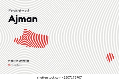 Abstrakte Karte des Emirats Ajman in einem Kreis-Spiralmuster. Landkarten von Emirates UAE