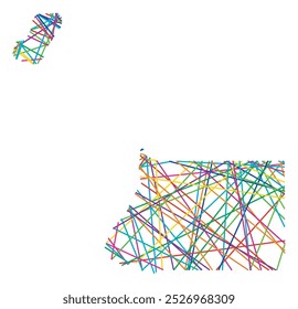 Abstract map of Equatorial Guinea showing the country with random crossing colored lines like a spider web