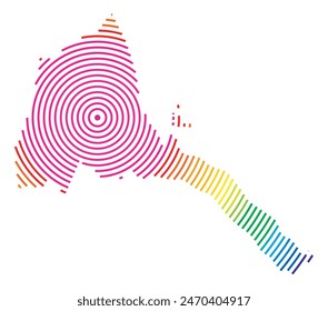Abstract map of Eritrea showing the area ot the country with concentric rings in rainbow colors like a shooting target.