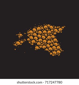 abstract map of estonia filled with orange halloween pumpkins heads on a black background