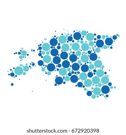 abstract map of estonia filled with two-colors circles of different sizes isolated on white background