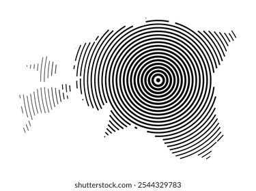Abstract map of Estonia showing the country with concentric black tapering lines