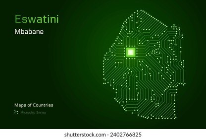 Abstract Map of Eswatini in a Microchip Pattern with Processor in Capital of Mbabane. E-government. World Countries vector maps. Microchip Series
