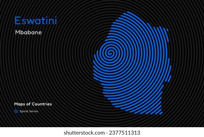 Abstract Map of Eswatini in Spiral Pattern with Capital of Mbabane. African Set.