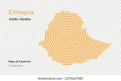 Mapa abstracto de Etiopía con líneas redondeadas. identificando su ciudad capital, Addis Ababa African set. Serie de huellas dactilares espirales