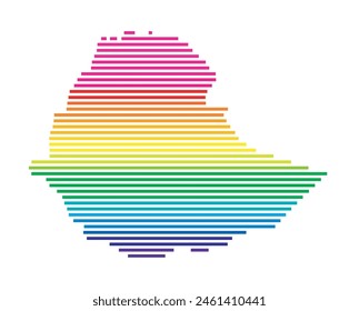 Abstract map of Ethiopia showing the area of the country with horizontal parallel lines in rainbow colors