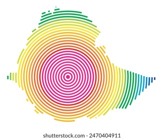 Abstract map of Ethiopia showing the area ot the country with concentric rings in rainbow colors like a shooting target.