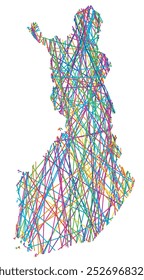 Mapa Abstractas de Finlandia que muestra el país con líneas de colores cruzadas al azar como un Web de araña