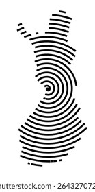 Abstract map of Finland showing the country with a black spiral line