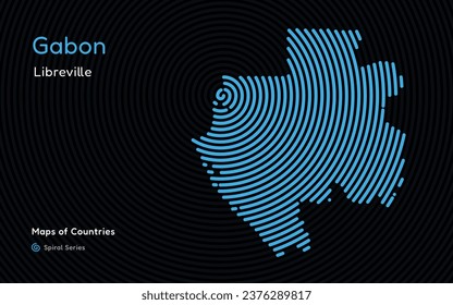 Abstract map of Gabon with circle lines. identifying its capital city, Libreville African set. Spiral fingerprint series