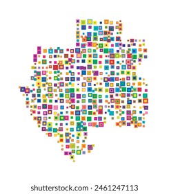 Abstract map of Gabon. Abstract map showing the country with a pattern of overlapping colorful squares like candies