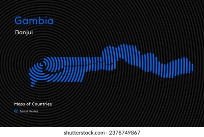 Mapa abstracto de Gambia en un patrón circular en espiral con la capital de Banjul. Conjunto Africano.