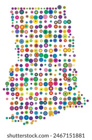 Abstract map of Ghana drawn with overlapping colored circles like sweets or candies