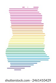 Abstrakte Landkarte von Ghana, die das Gebiet des Landes mit Horizontalen Parallelen in Regenbogenfarben zeigt
