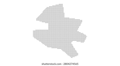 Abstract map graphic created with a pattern of black dots on white background. Minimalist geometric style representation of an unknown region or territory area.