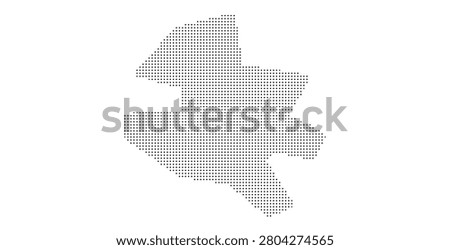 Abstract map graphic created with a pattern of black dots on white background. Minimalist geometric style representation of an unknown region or territory area.