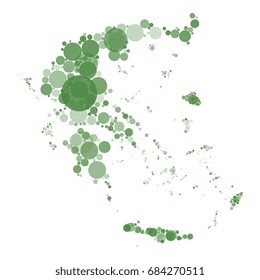 abstract map of greece filled with circles of different sizes and shades of color
