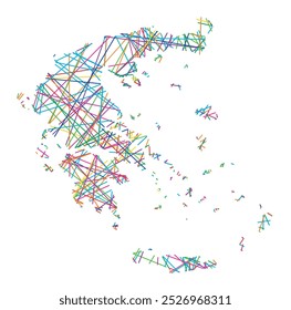 Abstract map of Greece showing the country with random crossing colored lines like a spider web
