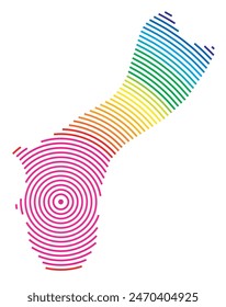 Abstract map of Guam showing the area ot the country with concentric rings in rainbow colors like a shooting target.