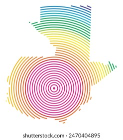 Abstract map of Guatemala showing the area ot the country with concentric rings in rainbow colors like a shooting target.