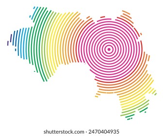 Abstrakte Karte von Guinea zeigt das Gebiet des Landes mit konzentrischen Ringen in Regenbogenfarben wie ein Schießziel.