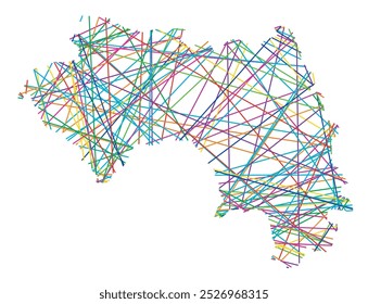 Mapa abstrato da Guiné mostrando o país com cruzamentos aleatórios linhas coloridas como uma teia de aranha