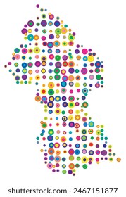 Abstract map of Guyana drawn with overlapping colored circles like sweets or candies