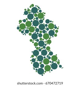 abstract map of guyana filled with two-colors circles of different sizes