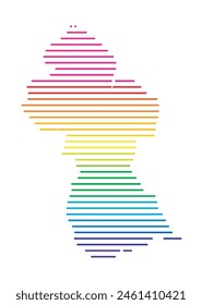 Abstract map of Guyana showing the area of the country with horizontal parallel lines in rainbow colors