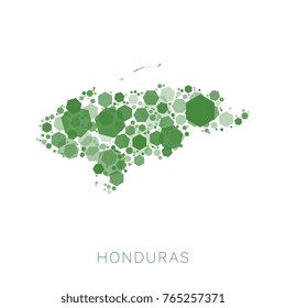 abstract map of honduras filled with mosaic of hexagons of different sizes and degrees of transparency