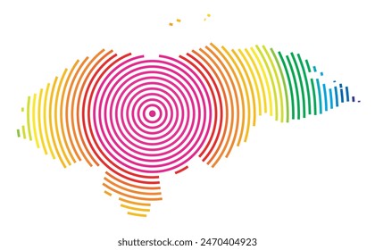 Abstrakte Karte von Honduras, die das Gebiet des Landes mit konzentrischen Regenbogenringen zeigt, wie ein Schießziel.