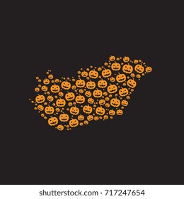 abstract map of hungary filled with orange halloween pumpkins heads on a black background