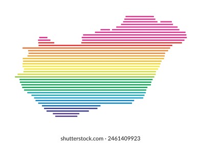 Abstract map of Hungary showing the area of the country with horizontal parallel lines in rainbow colors