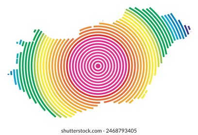 Abstract map of Hungary showing the area ot the country with concentric rings in rainbow colors like a shooting target.